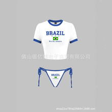 时尚字母印花夏季沙滩风比基尼短袖辣妹套装