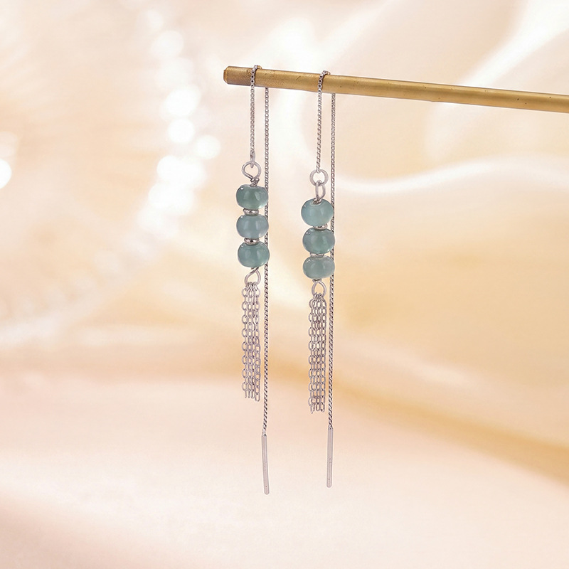 Khuyên tai dây bạc S925 đính ngọc bích tự nhiên phong cách tân cổ điển — Một đôi khuyên tai dạng dây