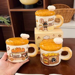 かわいいパン猫セラミックマグ蓋付きスプーン高価値ウォーターカップホーム朝食ミルクカップ誕生日ギフト