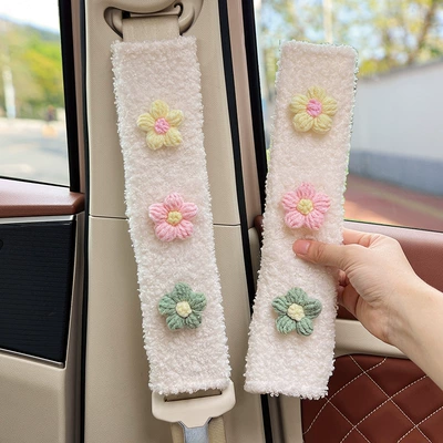 Extended Belt Covers, Seat belt shoulder pad - three-little-flowers-white-lambswool-shoulder-pads-30cm-pair