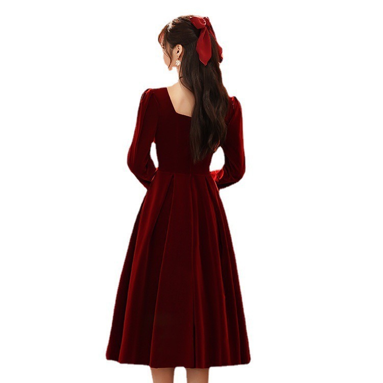 敬酒服花嫁冬長袖ワインレッド普段はドレス婚約服ワンピースを着て宴会に戻ることができる|undefined