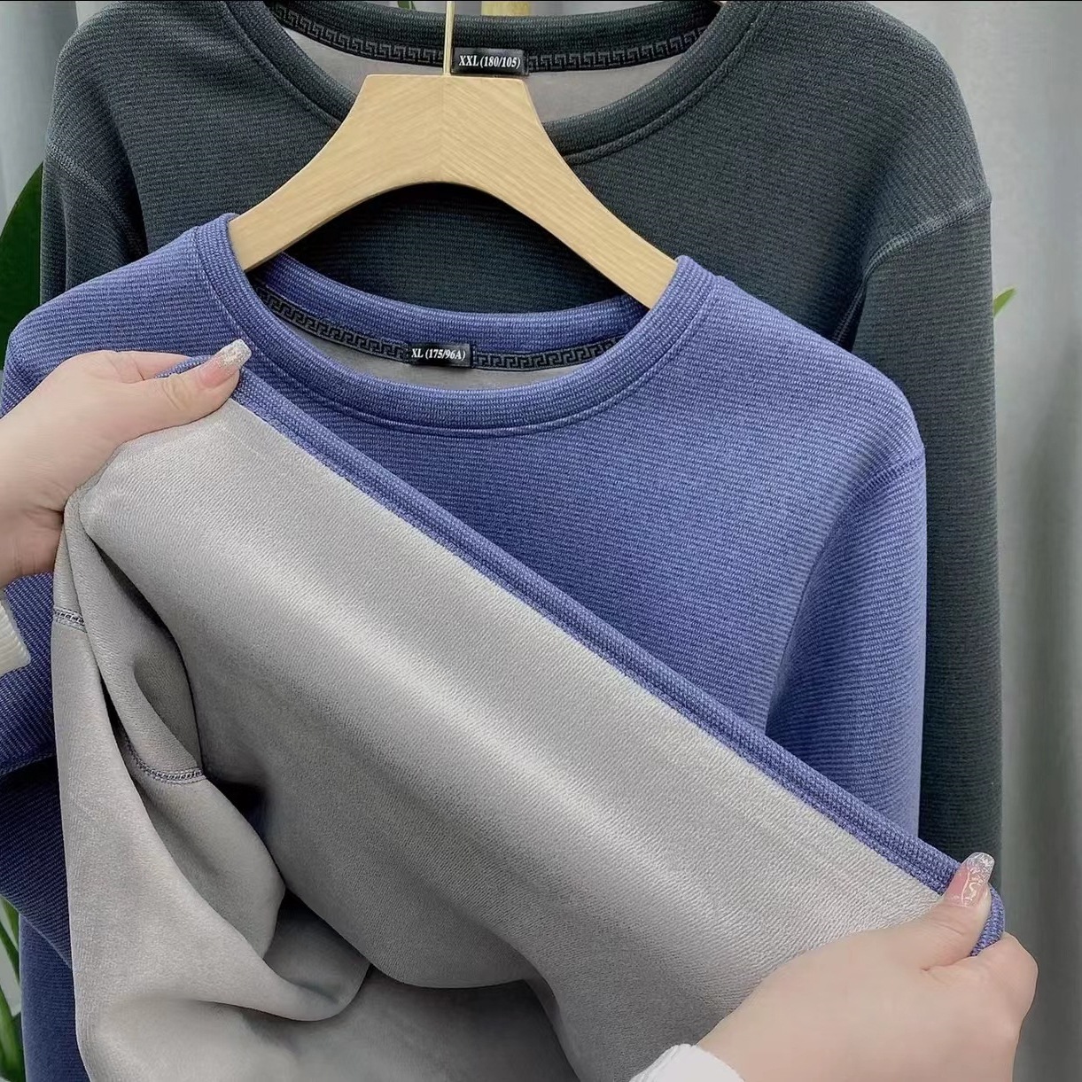 Winter Couple Thermal Suit with Aerogel, Fleece-Lined, Thickened Autumn Clothes and Pants, Unisex Knee Pads, Round Neck Base Layer