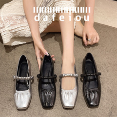 頭層羊皮法式休閒銀色瑪麗珍鞋女2024夏季新款百搭鬆緊一字帶單鞋