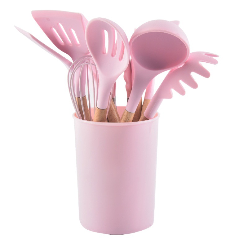 Amazon cocina olla antiadherente cubo de almacenamiento mango de madera utensilios de cocina de silicona juego de 12 piezas utensilios de cocina de silicona juego de espátula
