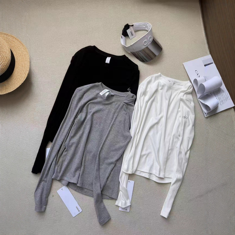 Alo Pilates Long-Sleeved Pure Cotton Bottoming Shirt Spring & Fall Women's Sports Quick-Drying Threaded Fitness Training Yoga Clothing Top