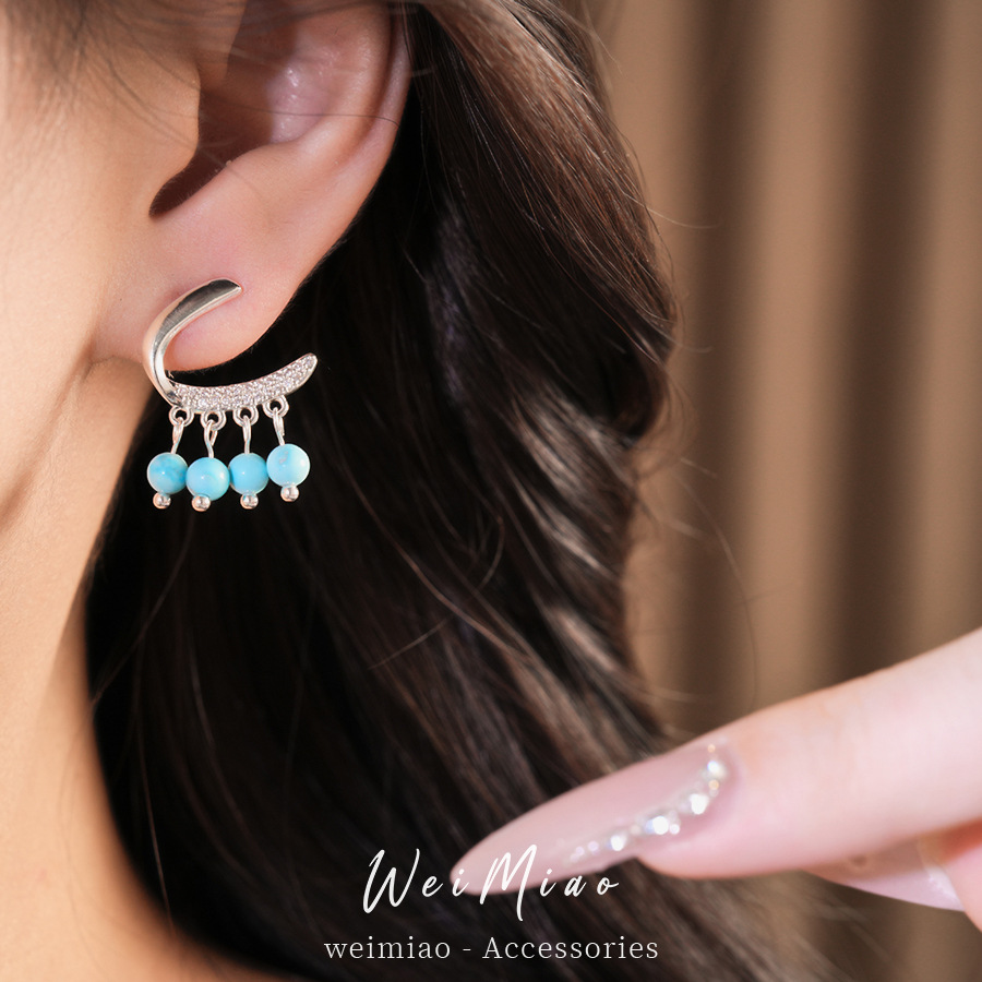 Agujas de plata zircon piedra aretes redondos estilo nacional personalidad temperamento simple pendientes ligero lujo alta sensación de aretes al por mayor