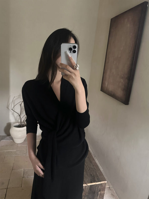 5werkwen 14G羊毛针织衫上衣女春夏黑色赫本慵懒风松弛感长袖上衣|undefined