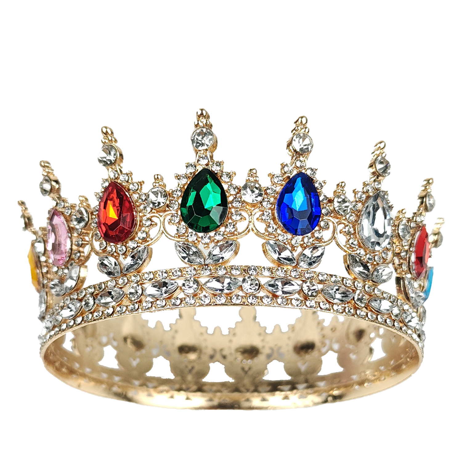 European and American hot-selling baroque bride crown headgear water drop diamond round beauty pageant crown retro queen performance crown_voghion.com