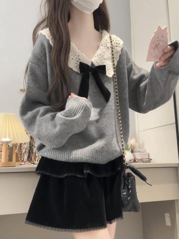 甜美设计感穿搭娃娃领毛衣女秋冬小个子温柔减龄慵懒风针织衫上衣|undefined