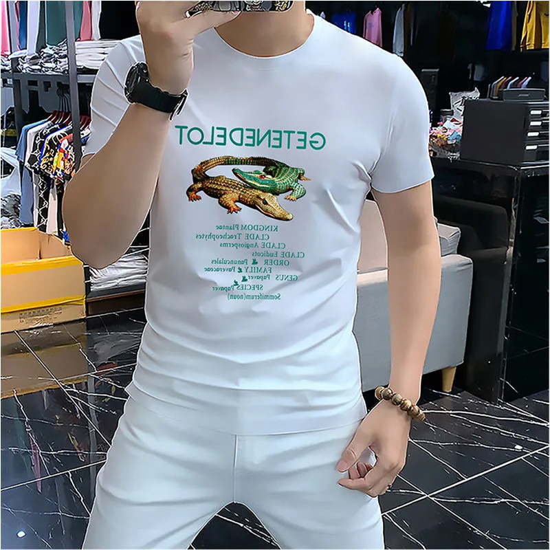 Chemise à manches courtes et col rond pour hommes, imprimé, belle édition coréenne, filet Crocodile, rouge, Slim Fit, Top Trdy, été 2023_voghion.com