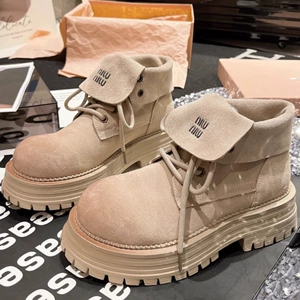 Фрукты кожаные кружева Martin Boots Miu Домашние буквы и коллапс большие желтые ботинки толстые подошвы двух пухлых мотоциклетных ботинок женщин