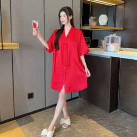 跨境外贸冰丝睡裙女夏季短袖衬衫裙清凉薄款睡衣家居服夏季新款