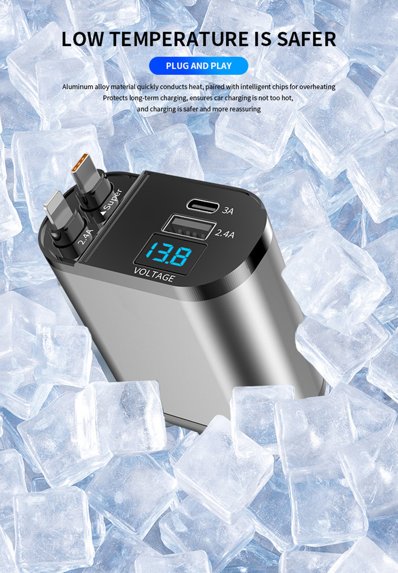 Car Charger with Retractable Cable, One-To-Four Car Charger, Super Fast Charging, Flash Charging, Car Phone Charging Head, Cigarette Lighter