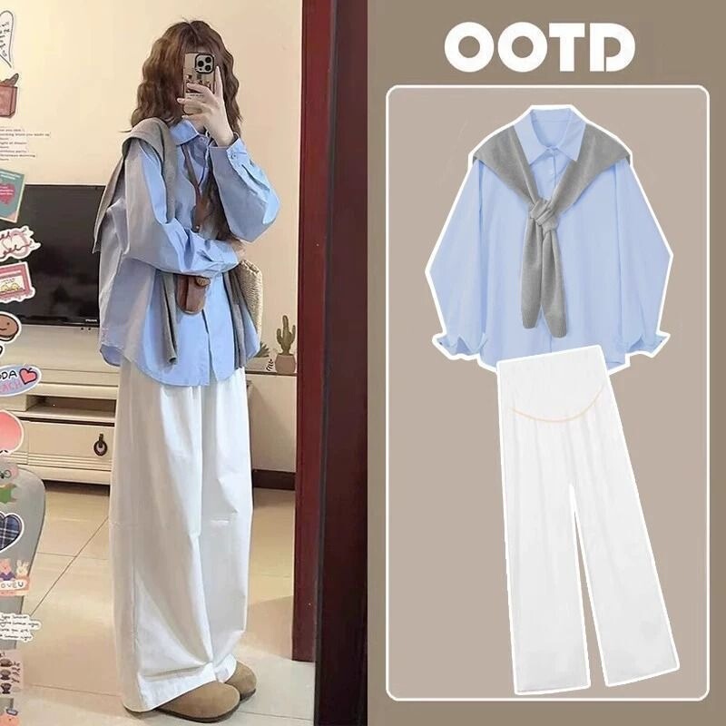 Maternity suit spring 2026 new French style high-end chic long-sleeve sun-protective shirt loose-fitting elegant blouse Maternity suit spring 2026 new French style high-end chic long-sleeve sun-protective shirt loose-fitting elegant blouse