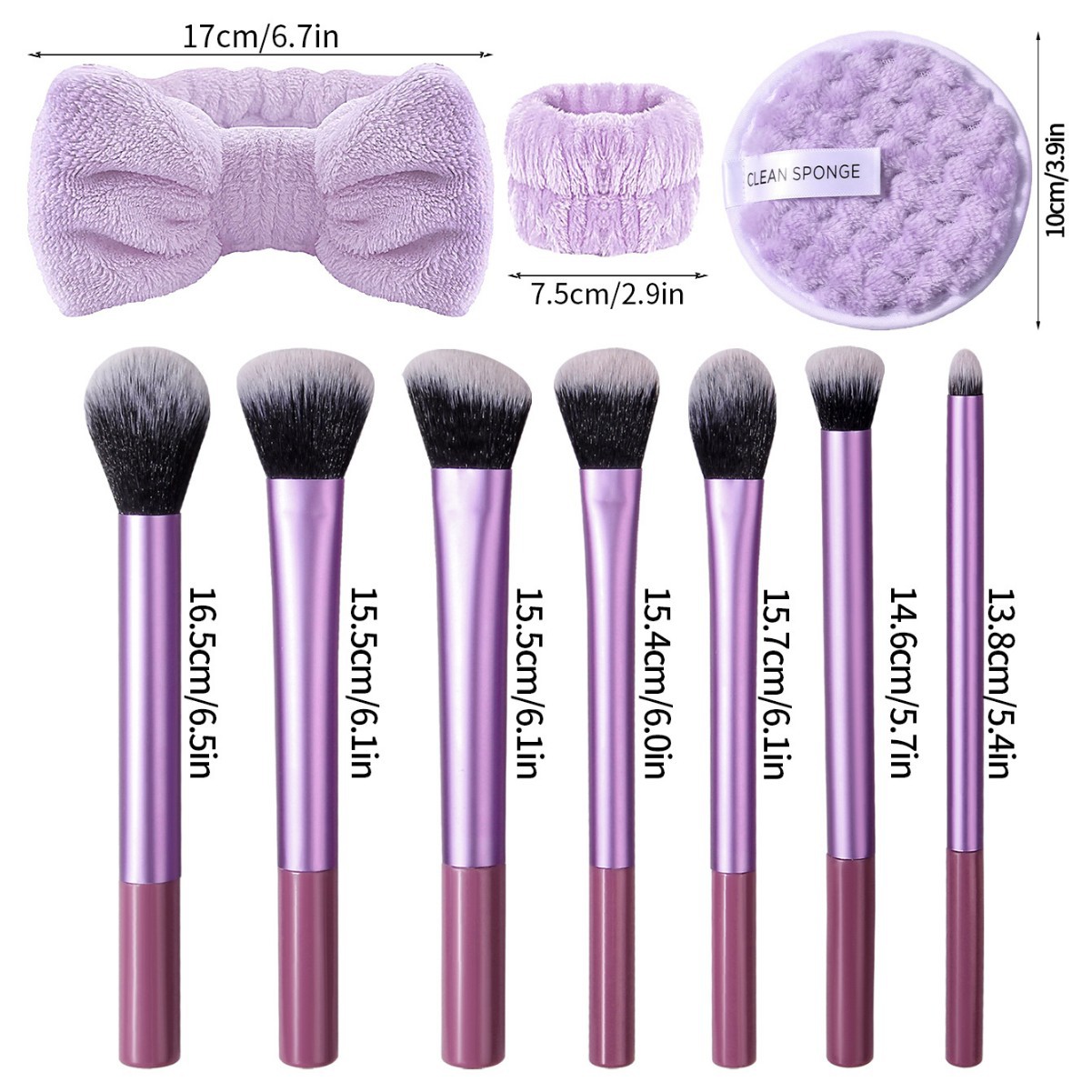 Instantemente en stock, 7 sets de cepillo de maquillaje púrpura portátil, cepillo de sombra de ojos, cepillo de piña, polvo de lavado de facial.