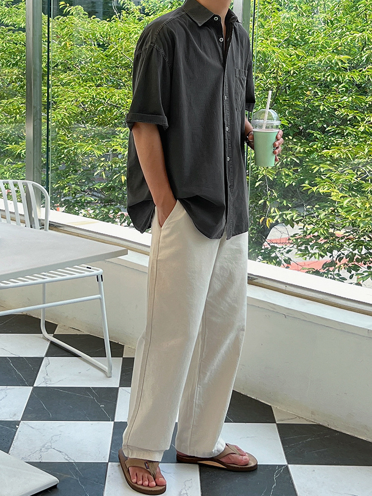 Myqシンプルな純色半袖シャツ男性夏のゆるいカジュアルシャツ韓国版トレンド襟半袖上着