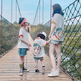 一家三四口亲子装夏装母子女装男女童宝宝卡通短袖T恤polo衫夏季