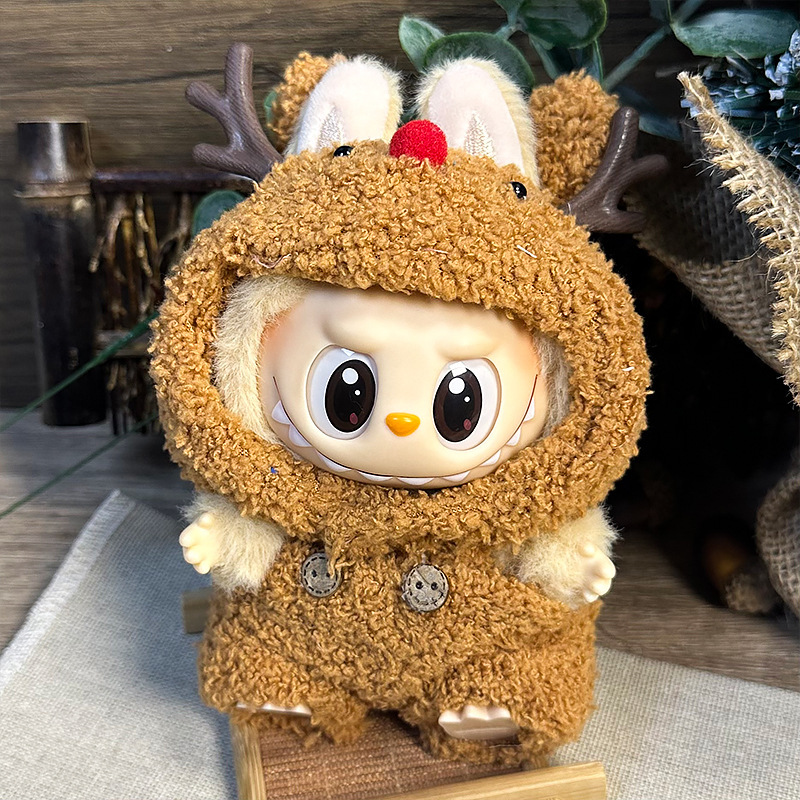 Labubu se sienta en la fiesta, ropa de bebé, caja ciega de primera generación, ropa de bebé Labubu, ropa de tela rabble, cara de vinilo de felpa