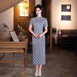 2026新款麻单层格子新中式改良旗袍女复古短袖日常显瘦气质连衣裙