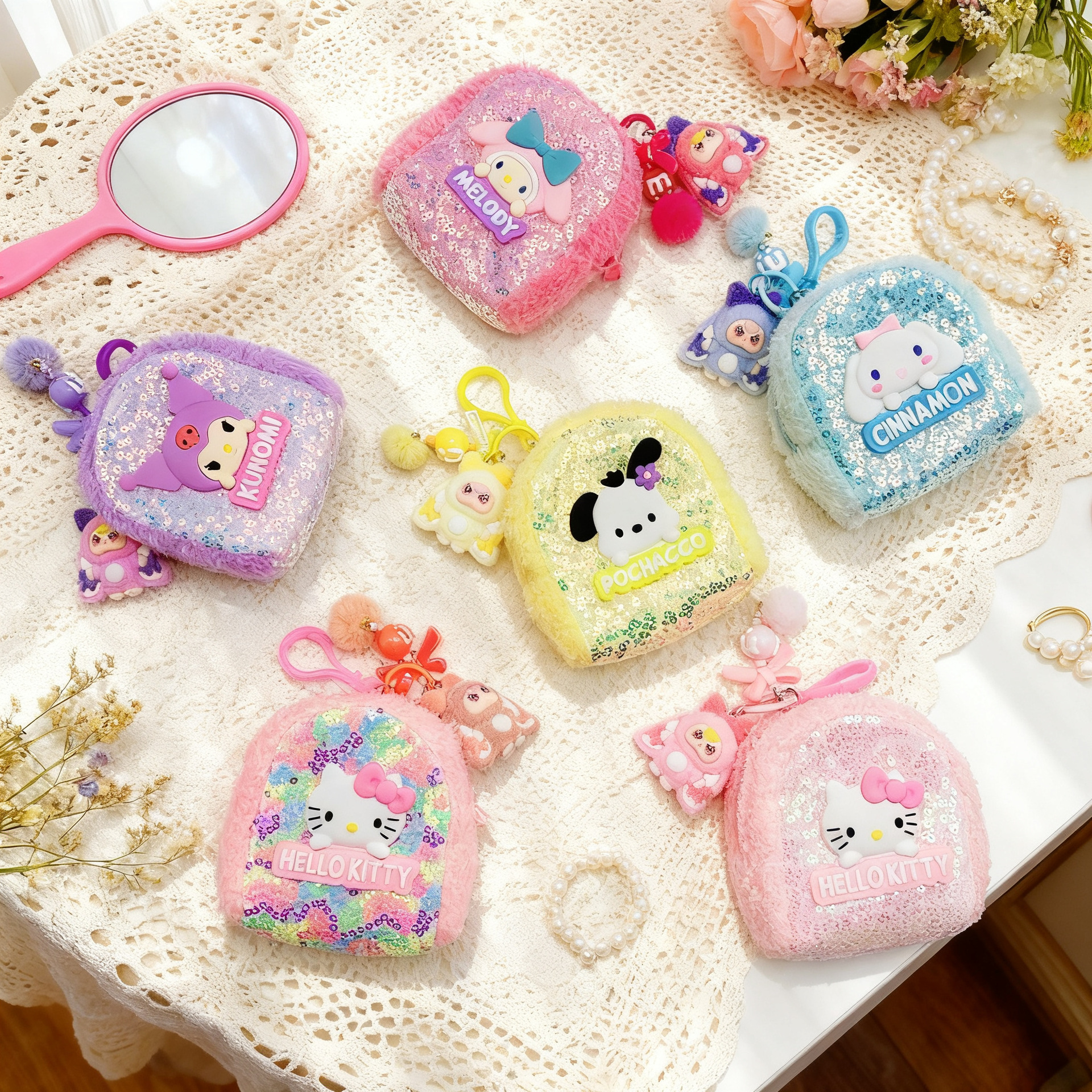 New fresh and stylish sequin coin purse, mini vinyl handmade gift, keychain pendant, earphone storage bag