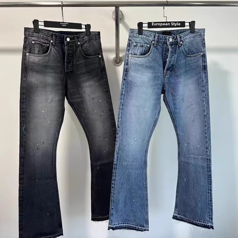Men's American High Street Style Heavy Washed Splatter Ink Frayed Distressed Bootcut Jeans with Raw Edges Men's American High Street Style Heavy Washed Splatter Ink Frayed Distressed Bootcut Jeans with Raw Edges