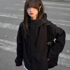 美式黑色冲锋衣外套女秋新款慵懒风户外骑行宽松休闲工装夹克女
