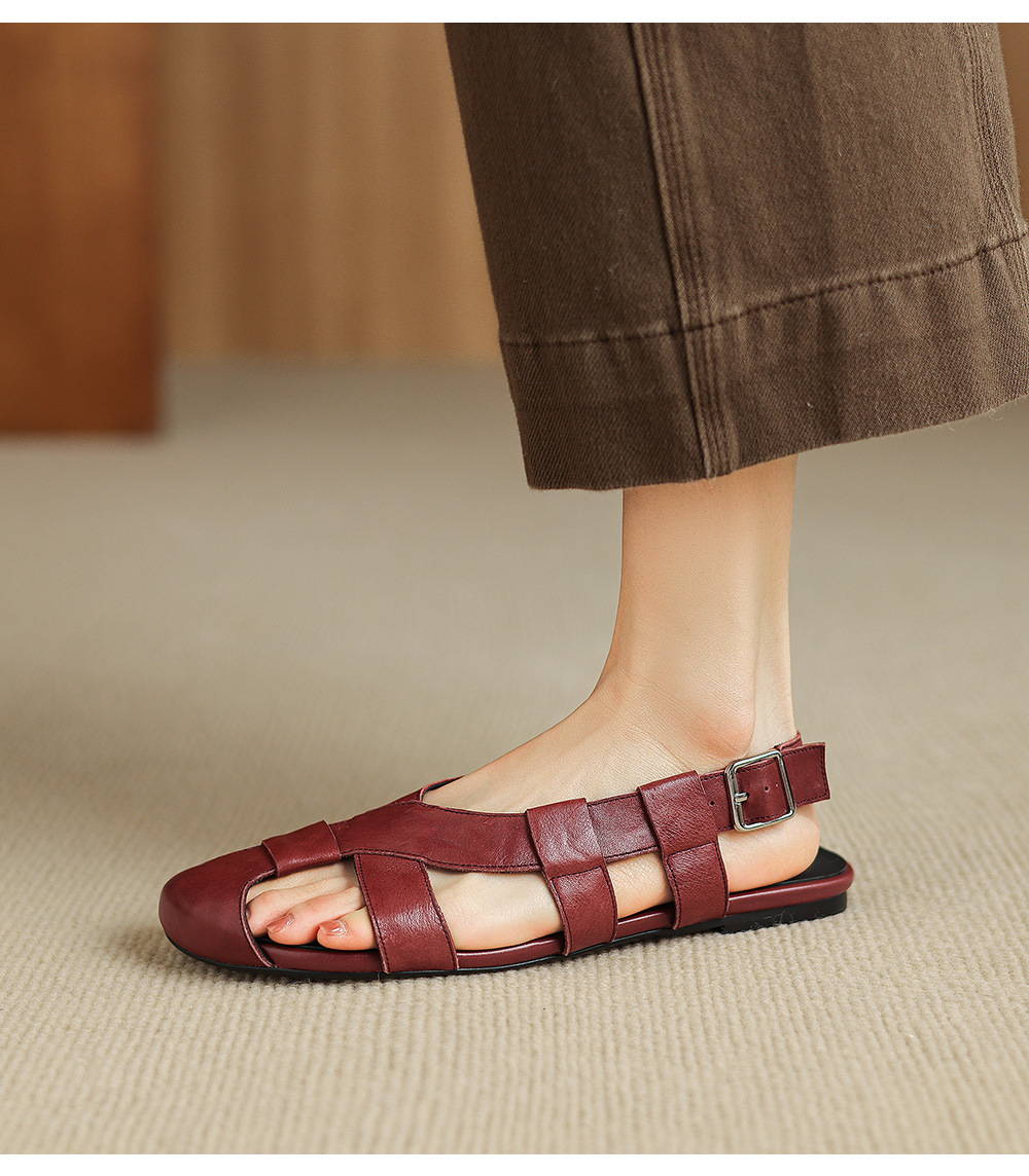 Sandal nữ bệt bọc mũi da bò đan vintage phong cách La Mã — Gạch đỏ chi tiết 13