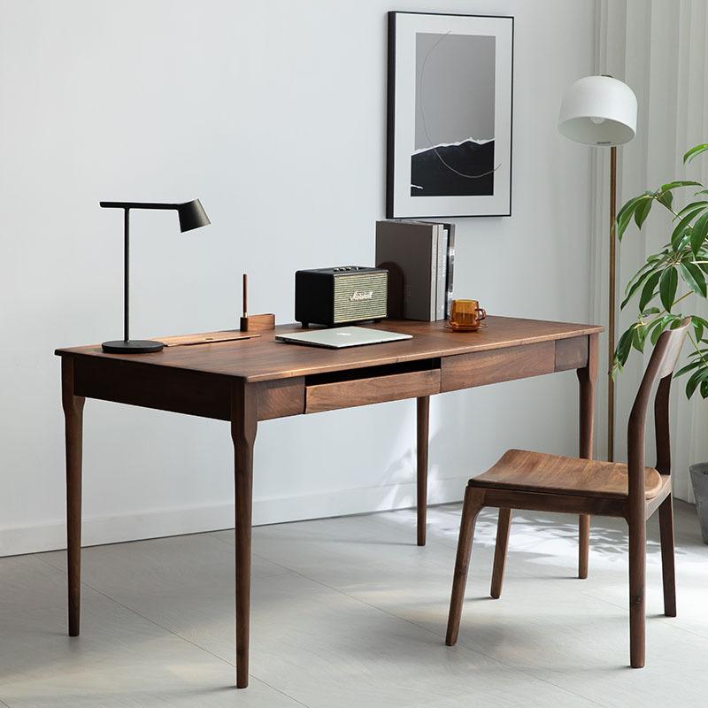 Escritorio de madera maciza nórdica, silla de libro, escritorio de madera de nuez negra de lujo ligero, escritorio de computadora simple