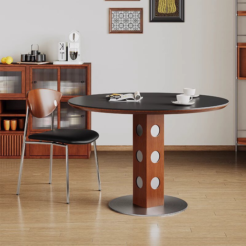 Mesa de comedor redonda de madera sólida medieval que se puede convertir en una mesa de comedor funcional rectangular para una pequeña mesa de tabla de roca doméstica