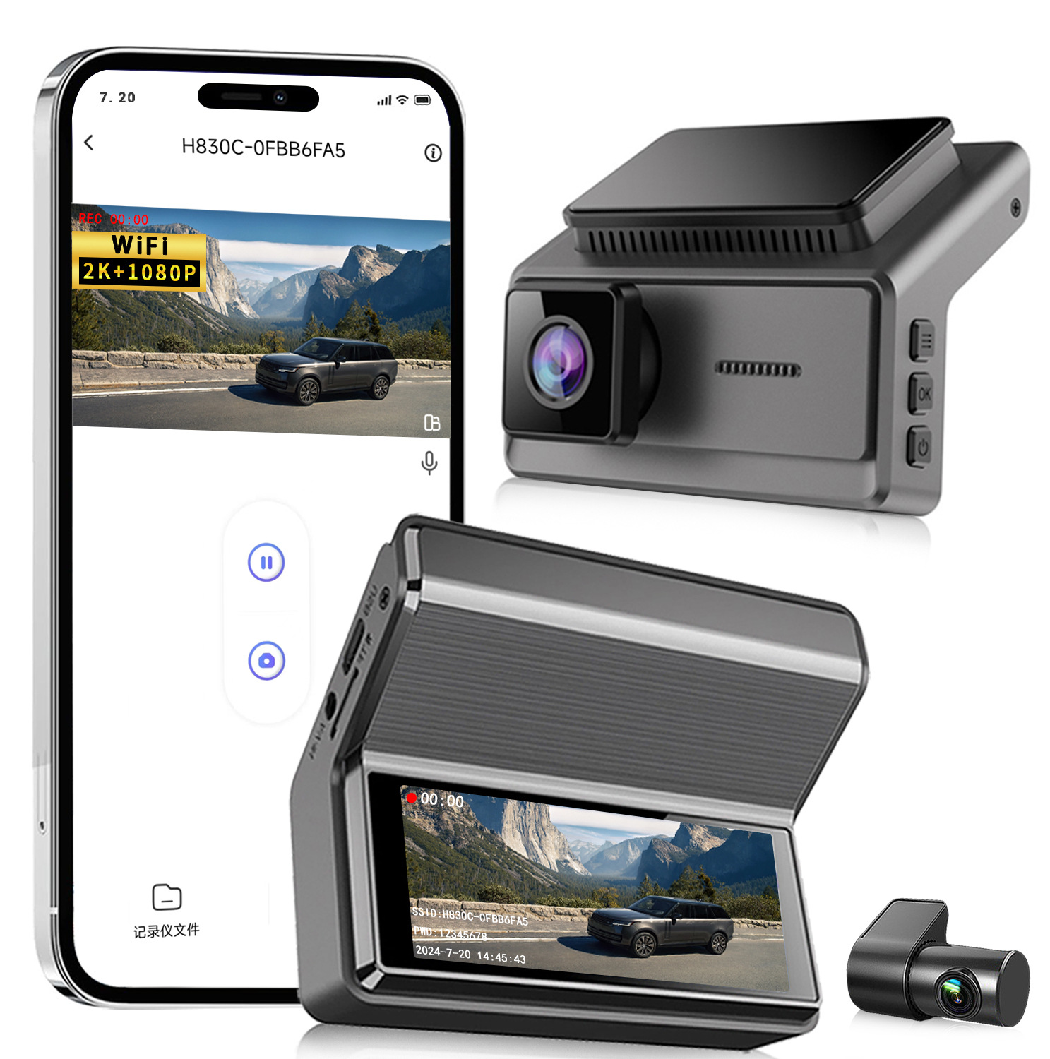 Q8PRO 2K+1K HD Dash Cam WiFi 3.16 inch (Driving recorder) - standard-host-rear-camera-car-charger-bracket-manual