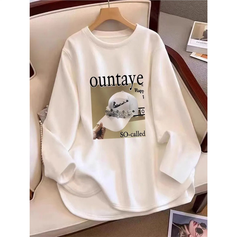 徳絨磨毛丸首長袖tシャツ女性の中の長さは厚い白い中に底のシャツの上着を掛けます。|undefined