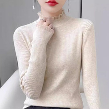 yms152 半高领毛衣女 蕾丝拼接修身打底衫 秋冬薄款长袖针织衫女