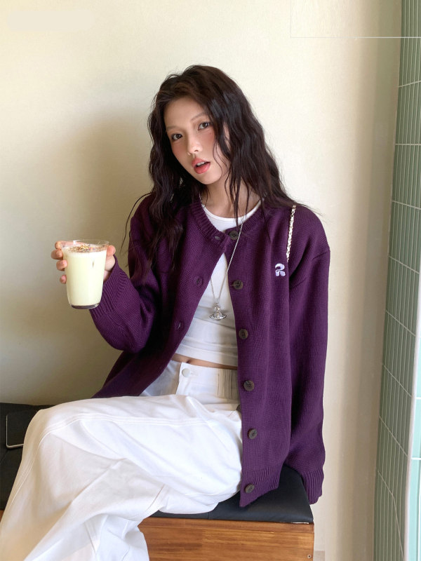 超显白紫色毛衣开衫外套女长袖2025秋季新款休闲宽松针织开衫上衣|undefined