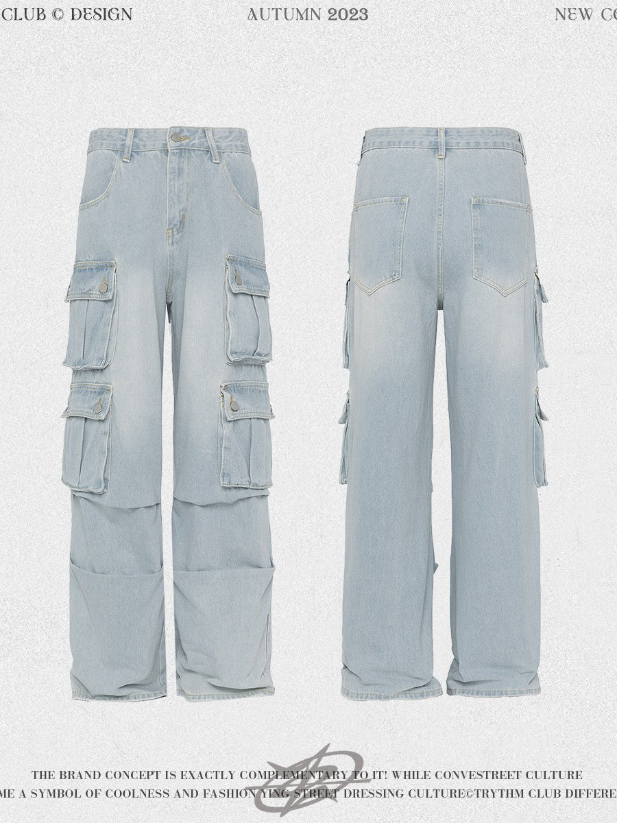 WHOOWAP American washed jeans vintage de pierna ancha recta azul pantalones sueltos multibolsillos