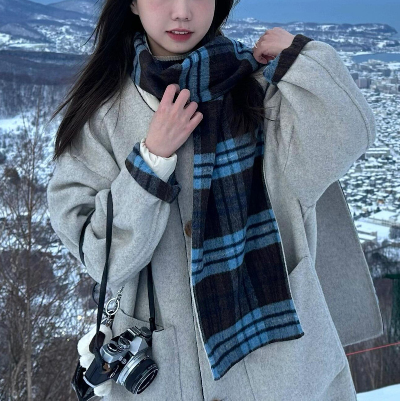 26 Autumn/Winter New Wool Double-Sided Scarf Coat, Mid-Length Scarf Collar Two-Way Plaid Woolen Coat for Women
