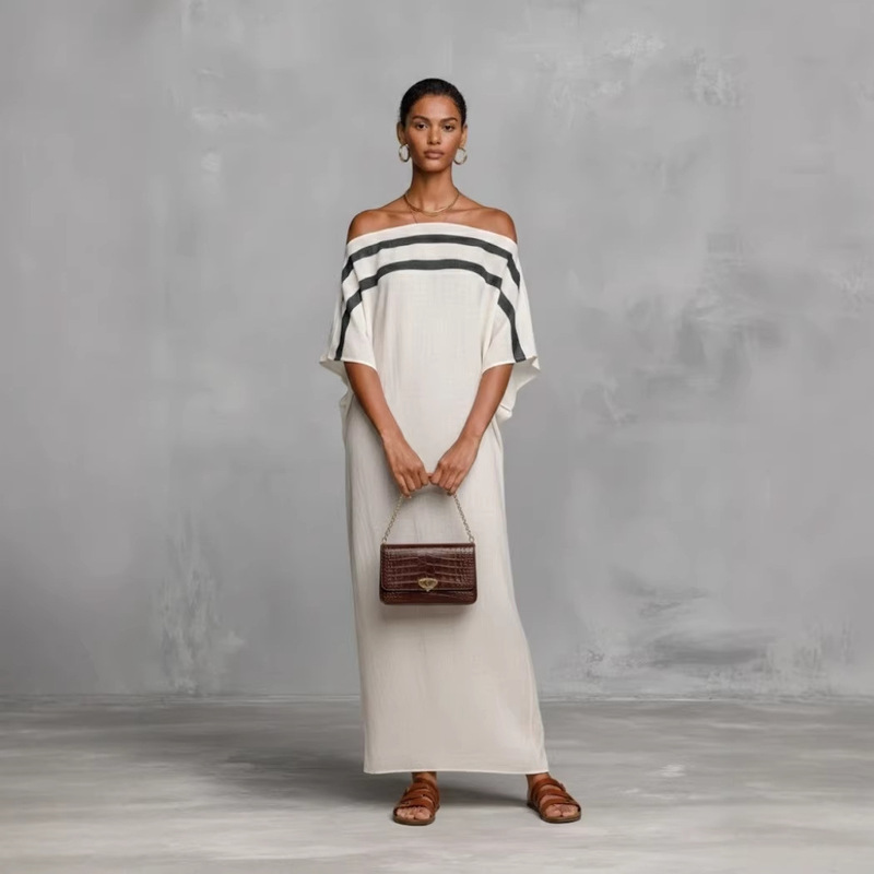 Cross-Border European and American Independent Website Summer New One-Shoulder Dress Women's Loose Vacation Batwing Sleeve Long Dress