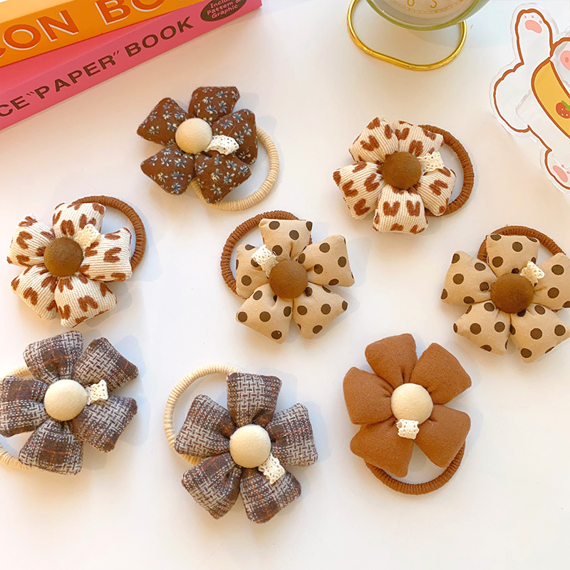 Le Muray Milk Coffee Color Scheme Headband Fabric Flower Hair Ring Hair Tie Hair Accessory for Girls, Non-Damaging Rubber Band Hair Accessory