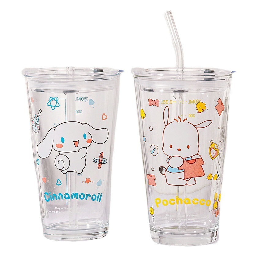 Sanrio vidrio red paja roja taza chica corazón escala taza de leche bebida jugo INS estilo leche taza de té con tapa