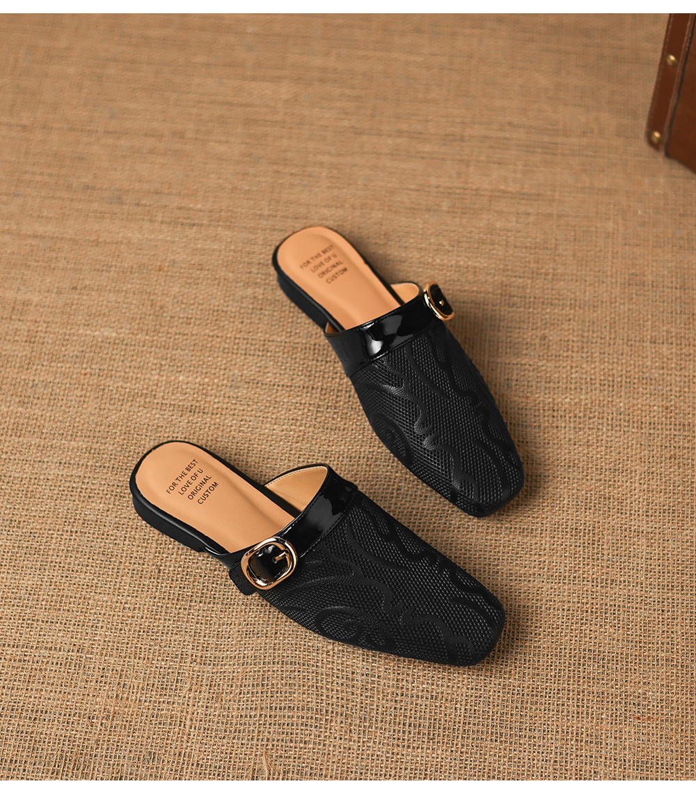Dép sandal nữ mũi trùm đế bệt chất liệu da bò lưới sợi phong cách Muller — đen chi tiết 21
