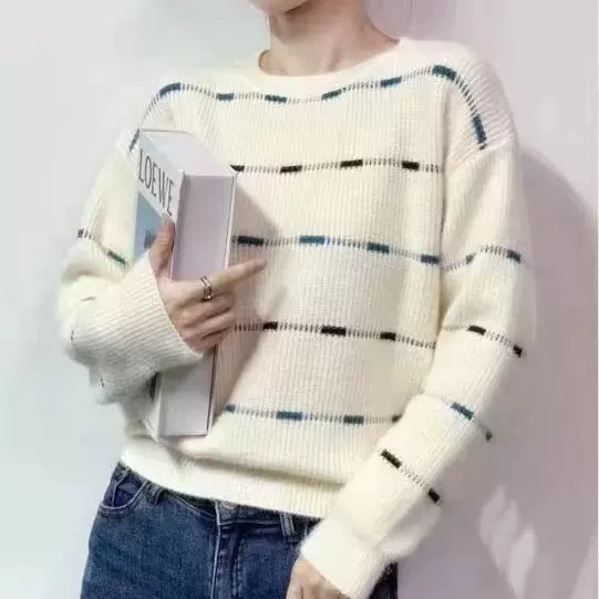 秋冬新款条纹针织衫撞色拼接长袖毛衣圆领时尚气质宽松女外穿上衣