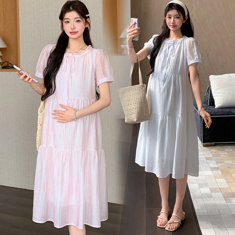 Maternity Wear Trendy Gradient Color with Gold Stamping Double-Layered Design, Detachable Buttons, Suitable for Breastfeeding, Loose-Fitting Maternity Long Dress