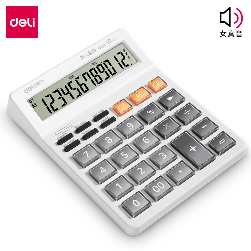 DeLixi TE201 Voice Calculator Dual Power Desktop Office Calculator 12-Digit Large Screen Desktop Computer