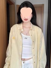 美式复古黄色条纹Polo领衬衫外套女开春宽松休闲长袖衬衣外搭上衣