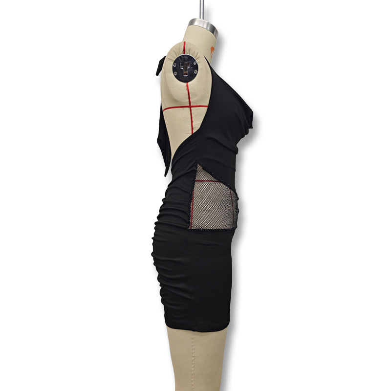 2025 primavera nuevos productos transfronterizos de mujeres europeas y americanas calientes estilo sexy correa de malla empalmada vestido de cuello image 2
