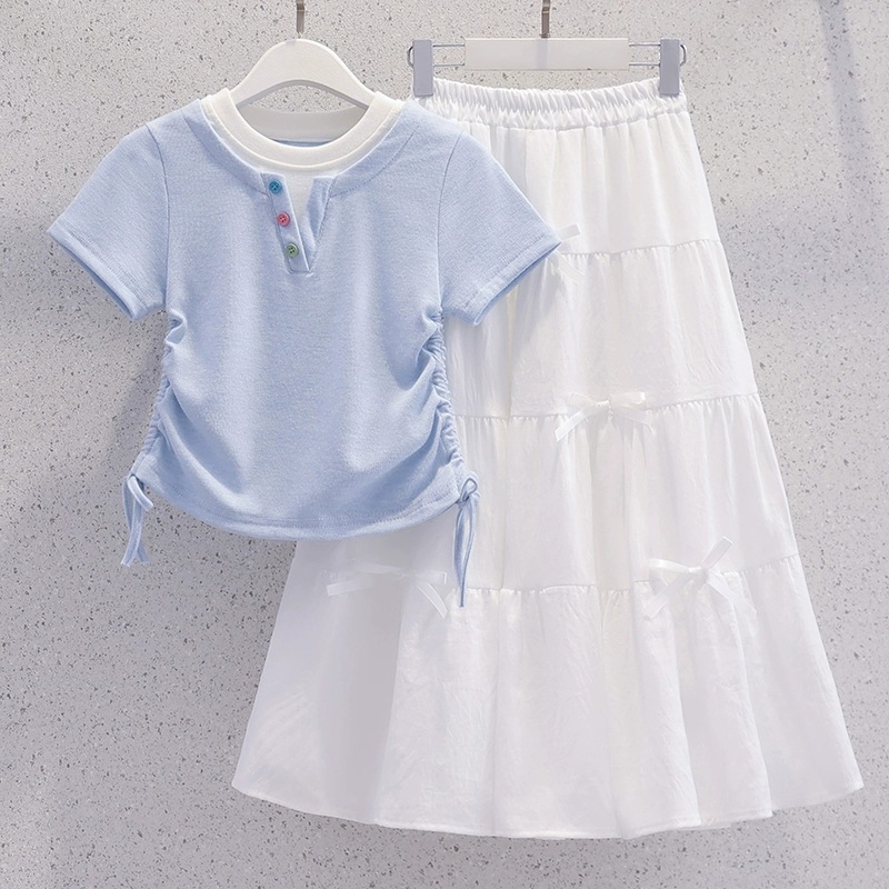 Junior High School Girls Summer Suit, Stylish Girl Skirt, Kidsren's Fake Two-Piece Short-Sleeved T-Shirt Skirt Two-Piece Set