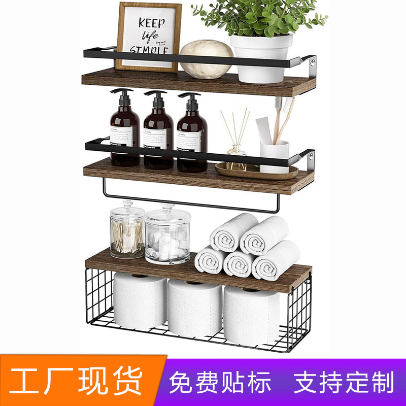 Estante de almacenamiento montado en la pared estante flotante con canasta de almacenamiento estante de baño de madera estante de almacenamiento de tejido de baño en stock