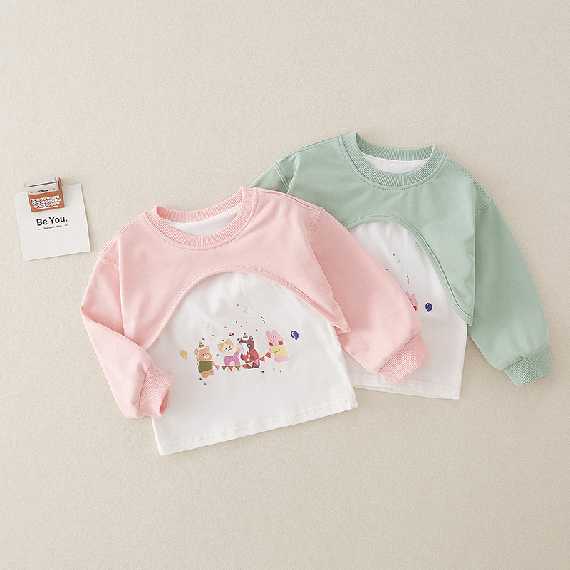 女童春秋裝衛衣小童女寶寶假兩件衣服兒童長袖上衣服春秋款圖案