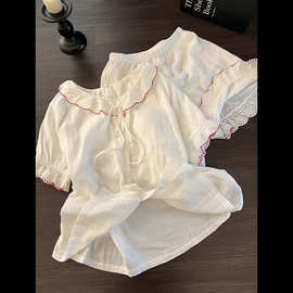 法式简约镂空蕾丝边短袖睡衣女夏款超柔软宽松可外穿家居服两件套