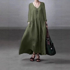 2025 春の新作秋のファッション長袖 V ネックコットンリネンサンドレス女性カジュアル無地ルーズロングドレス