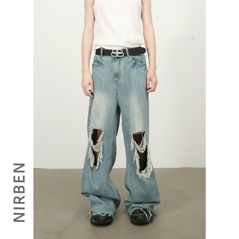 Nirben Denim | Korean version of high street old hole tassel wide leg loose straight tube mopping Joker jeans men Nirben Denim | Korean version of high street old hole tassel wide leg loose straight tube mopping Joker jeans men